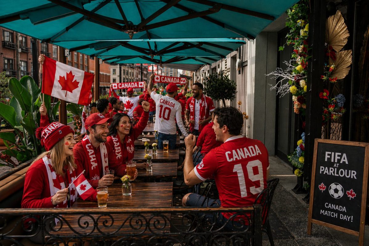 Fans watching soccer on a patio in Yaletown Vancouver during FIFA World Cup game day